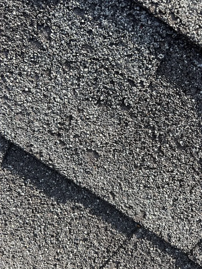 Close-up of hail damage to asphalt shingles