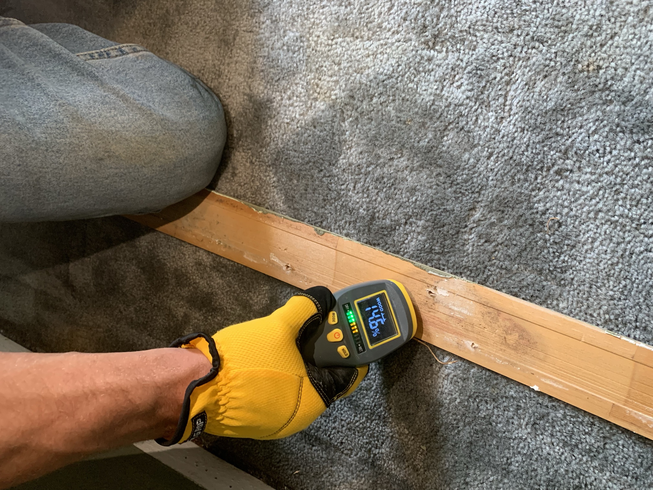 Technician using an infrared thermometer at the carpet/baseboard transition