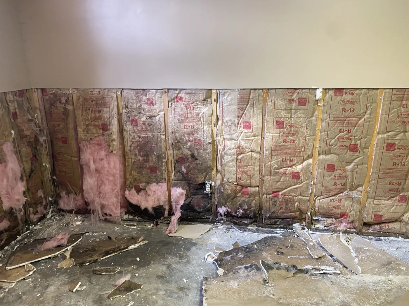 Interior demolished to the studs where contents were packed out before reconstruction